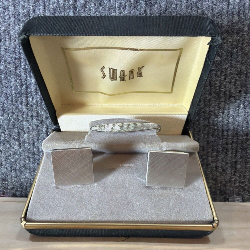 Vintage Swank Sterling Silver Tie Bar Cufflink Set Mid Century Original Box